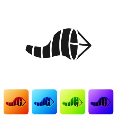 Siyah Koni Meteoroloji Rüzgâr Gülü ikonu beyaz arka planda izole edilmiş. Rüzgâr Sock rüzgarın yönünü ve gücünü gösteriyor. Renkli kare düğmelerle simgeleri ayarla. Vektör İllüstrasyonu.