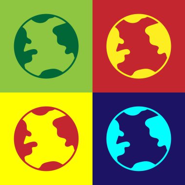 Pop Art Earth dünya ikonu renk arkaplanında izole edildi. Dünya ya da Dünya işareti. Küresel internet sembolü. Geometrik şekiller. Vektör İllüstrasyonu.