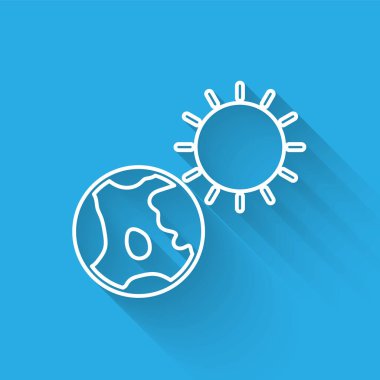 Beyaz çizgi Dünya küresi ve güneş ikonu uzun gölgelerle izole edilmiş. Dünya ya da Dünya işareti. Küresel internet sembolü. Geometrik şekiller. Vektör İllüstrasyonu.