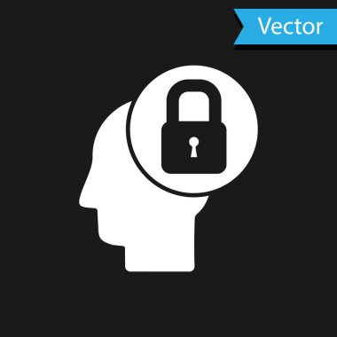 Siyah arka planda kilit simgesi olan beyaz insan kafası. Vektör İllüstrasyonu.