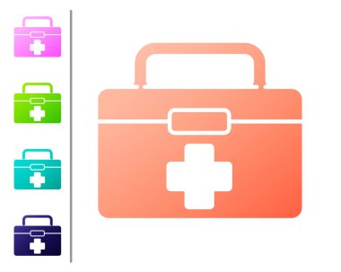 Mercan ilk yardım çantası simgesi beyaz arka planda izole edildi. Haçlı sağlık kutusu. Acil durumlar için tıbbi ekipman. Sağlık sigortası konsepti. Renk simgelerini ayarla. Vektör İllüstrasyonu.