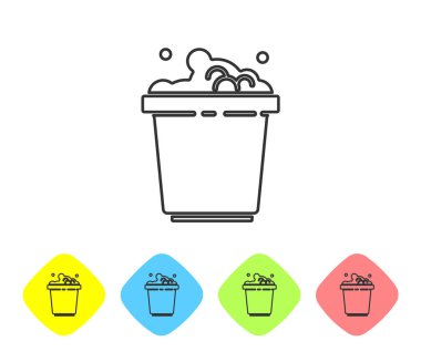 Beyaz arka planda sabun köpüğü simgesi olan gri çizgi kovası. Sulu kase. Çamaşır yıkama, temizlik malzemeleri. Renkli eşkenar dörtgen düğmelerine simgeleri yerleştir. Vektör İllüstrasyonu.