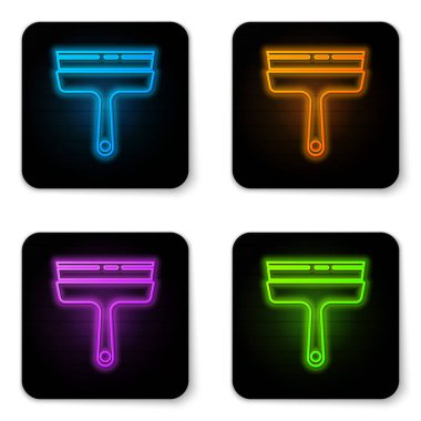 Beyaz arkaplanda izole edilmiş pencere simgesi için plastik temizleyici ile parlayan neon temizleme servisi. Silecek, kazıyıcı, silecek. Siyah kare düğme. Vektör İllüstrasyonu.