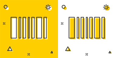 Sarı ve beyaz arkaplanda siyah barkod simgesi izole edildi. Rastgele dinamik şekiller. Vektör İllüstrasyonu.