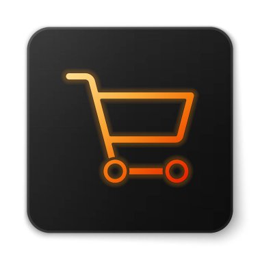 Beyaz arka planda turuncu parlak neon alışveriş arabası simgesi izole edilmiş. İnternetten satın alma konsepti. Servis tabelası. Süpermarket sepeti sembolü. Siyah kare düğme. Vektör İllüstrasyonu.