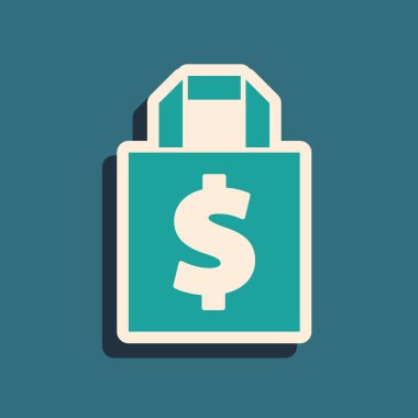Yeşil torba ve dolar sembolü yeşil arka planda izole edildi. El çantası işareti. Kadın çanta ikonu. Kadın el çantası işareti. Uzun gölge tarzı. Vektör İllüstrasyonu.