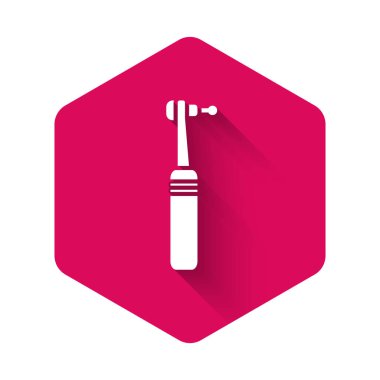 Beyaz Diş matkap simgesi uzun gölgeli izole edilmiş. Delme ve öğütme aletleri için el işi. Tıbbi alet. Pembe altıgen düğmesi. Vektör İllüstrasyonu.