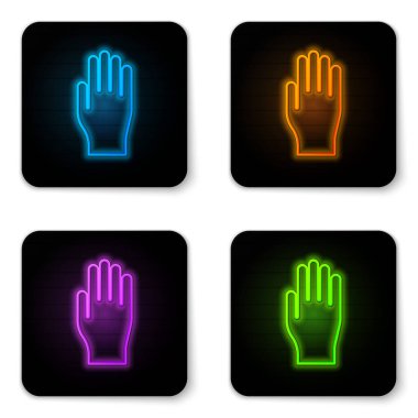 Parlayan neon renkli plastik eldiven ikonu beyaz arka planda izole edilmiş. Koruyucu lastik eldivenler. Siyah kare düğme. Vektör İllüstrasyonu.