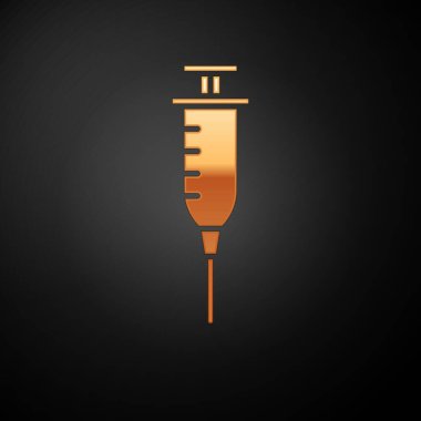 Siyah arkaplanda altın şırınga ikonu izole edildi. Aşı için şırınga, aşı, iğne, grip aşısı. Tıbbi ekipman. Vektör İllüstrasyonu.