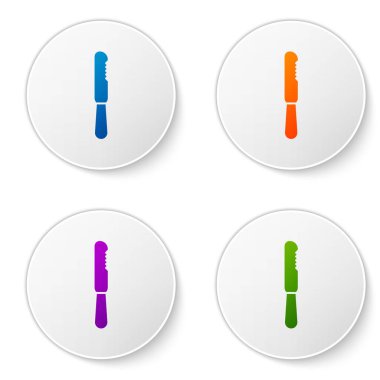 Tek kullanımlık renkli plastik bıçak ikonu beyaz arkaplanda izole edilmiş. Simgeleri daire düğmelerine ayır. Vektör İllüstrasyonu.