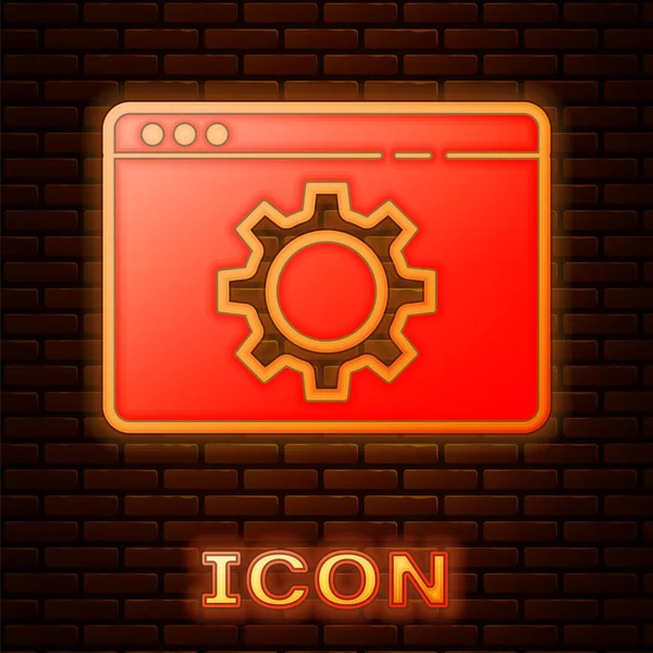 Icona Impostazione Del Browser Neon Incandescente Isolata Sfondo Muro Mattoni — Vettoriale Stock