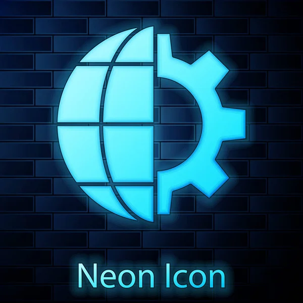 Glödande Neon Globen Jorden Och Redskap Eller Kugghjul Ikon Isolerad — Stock vektor