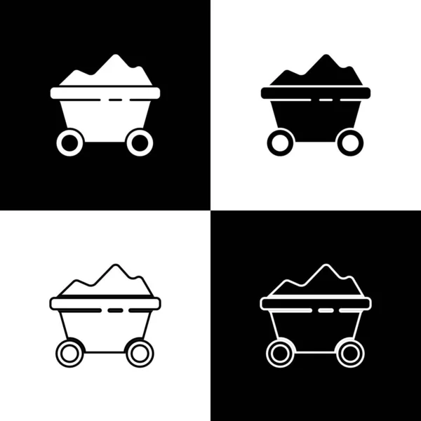 Définir Icône Chariot Mine Charbon Isolé Sur Fond Noir Blanc — Image vectorielle