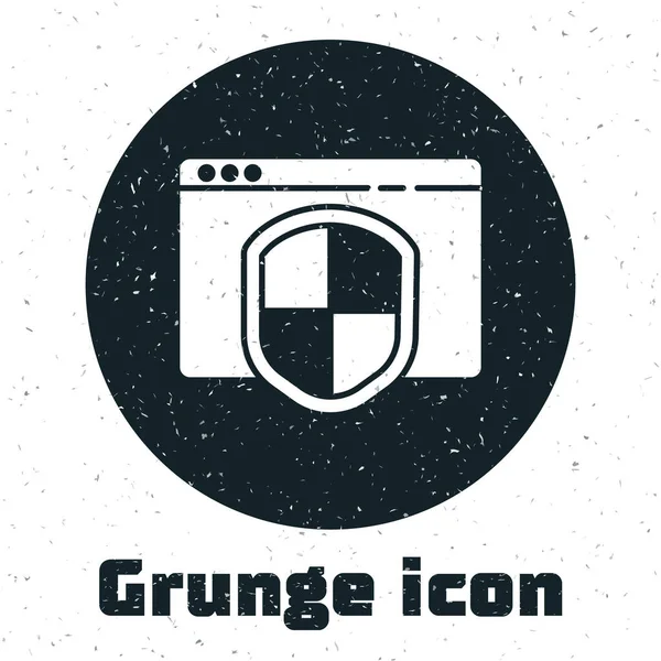 带有白色背景隔离的盾牌图标的Grunge浏览器 隐私概念 单色复古绘画 病媒图解 — 图库矢量图片