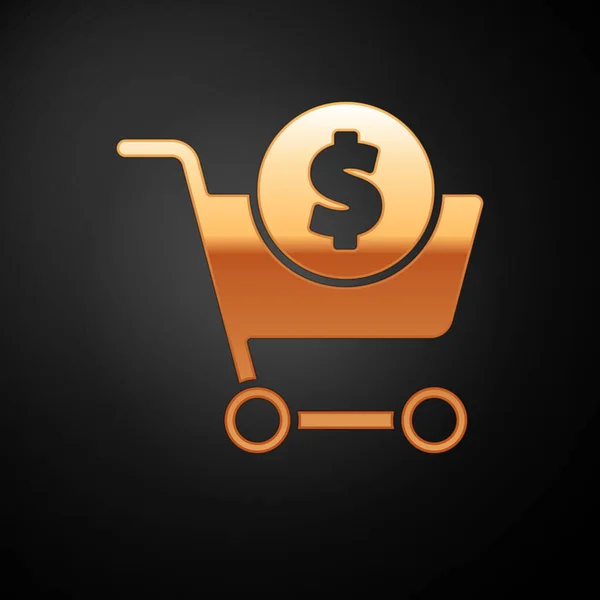 Gold Shopping Cart Dollar Symbol Icon Isolated Black Background Online — Stock Vector