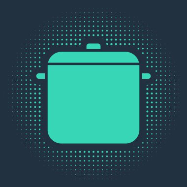 Mavi arka planda yeşil tencere simgesi izole edildi. Haşlama ya da güveç besin sembolü. Soyut çember rastgele noktalar. Vektör İllüstrasyonu.