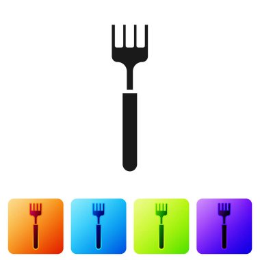 Siyah Çatal simgesi beyaz arkaplanda izole edildi. Çatal bıçak sembolü. Renkli kare düğmelerle simgeleri ayarla. Vektör İllüstrasyonu.