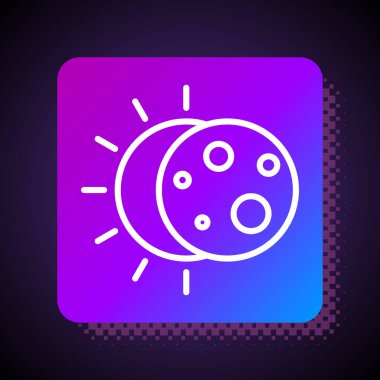 Güneş tutulmasının beyaz çizgi simgesi siyah arkaplanda izole edildi. Tam sonar tutulması. Kare renk düğmesi. Vektör İllüstrasyonu.