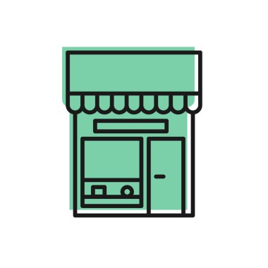 Siyah hat alışveriş binası ya da market simgesi beyaz arka planda izole edilmiş. Dükkan inşaatı. Vektör İllüstrasyonu.