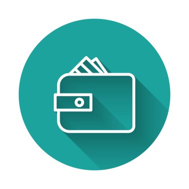 Beyaz çizgili cüzdan, uzun gölgeli izole edilmiş kağıt para ikonu. Çanta ikonu. Nakit tasarruf sembolü. Yeşil daire düğmesi. Vektör İllüstrasyonu.