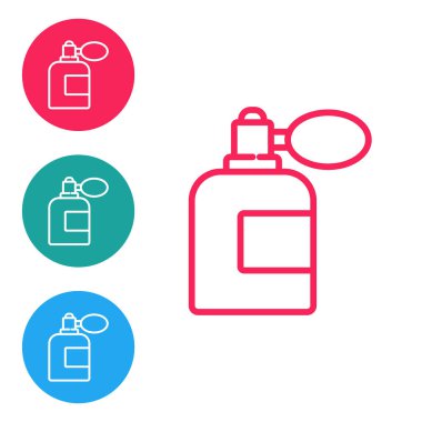 Beyaz arka planda izole edilmiş atom ikonu olan kırmızı çizgi tıraş losyonu şişesi. Parfüm spreyi ikonu. Erkek parfüm şişesi. Simgeleri daire düğmelerine ayır. Vektör İllüstrasyonu.