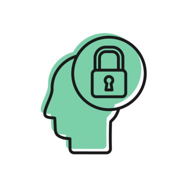 Beyaz arka planda kilit simgesi olan siyah çizgi insan kafası. Vektör İllüstrasyonu.