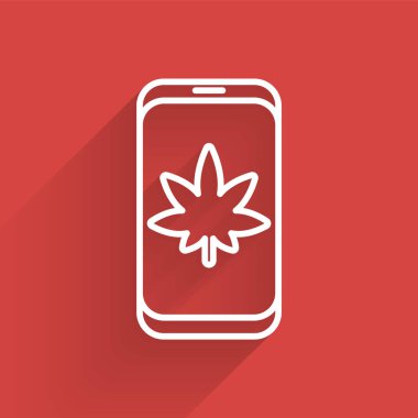 Beyaz çizgi cep telefonu ve tıbbi marihuana veya uzun gölgeli kenevir yaprağı ikonu. İnternetten satın alma sembolü. Süpermarket sepeti. Vektör İllüstrasyonu.