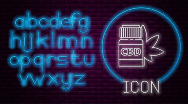 Duvarda izole edilmiş esrar ya da kenevir yaprağı ikonu olan parlak neon çizgili tıbbi şişe. Kavanozlardaki kenevir yağı özlerini taklit et. Neon ışıklı alfabe. Vektör İllüstrasyonu.