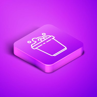 Mor arkaplanda sabun köpüğü simgesi olan Isometric Line Bucket. Sulu kase. Çamaşır yıkama, temizlik malzemeleri. Mor kare düğme. Vektör İllüstrasyonu.