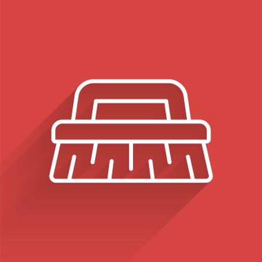 Temizlik ikonu için beyaz çizgi fırçası uzun gölgeli izole edilmiş. Temizlik hizmeti konsepti. Vektör İllüstrasyonu.