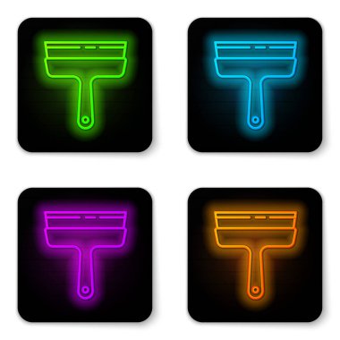 Beyaz arkaplanda izole edilmiş pencere simgesi için kauçuk temizleme servisiyle parlayan neon hattı. Silecek, kazıyıcı, silecek. Siyah kare düğme. Vektör İllüstrasyonu.