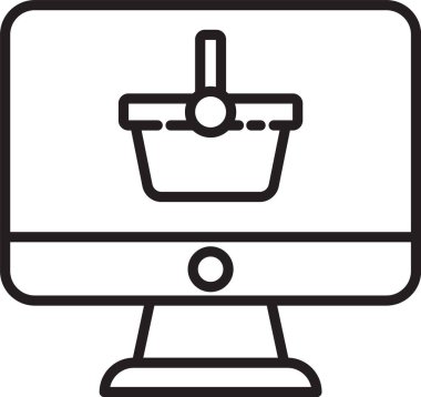 Beyaz arka planda izole edilmiş alışveriş sepeti simgesi olan siyah çizgi bilgisayar monitörü. Çevrimiçi alışveriş arabası. Süpermarket sepeti sembolü. Vektör İllüstrasyonu.