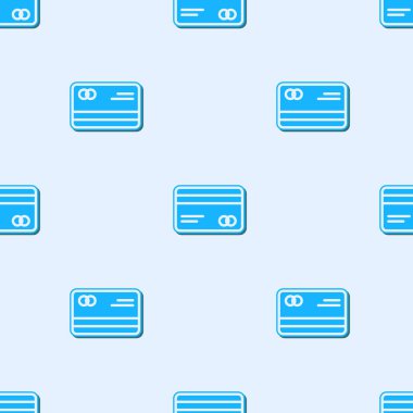 Mavi çizgi kredi kartı simgesi gri arkaplandaki kusursuz deseni izole etti. Çevrimiçi ödeme. Nakit çekilmesi. Finansal operasyonlar. Alışveriş tabelası. Vektör İllüstrasyonu.