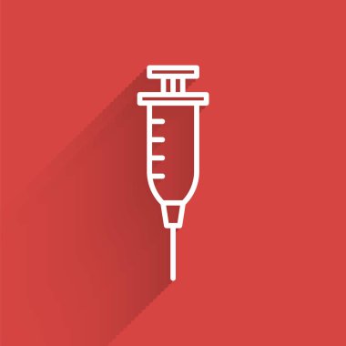 Beyaz çizgi şırınga ikonu uzun gölgeli izole edildi. Aşı için şırınga, aşı, iğne, grip aşısı. Tıbbi ekipman. Vektör İllüstrasyonu.