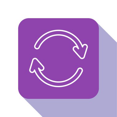 Beyaz çizgi Refresh simgesi beyaz arkaplanda izole edildi. Sembolü yeniden yükle. Döndürme okları daire işareti şeklinde. Mor kare düğme. Vektör İllüstrasyonu.