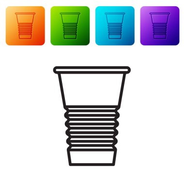 Siyah çizgi kağıt cam ikonu beyaz arkaplanda izole edilmiş. Soda bardağı. Taze soğuk içecek sembolü. Renkli kare düğmelerle simgeleri ayarla. Vektör İllüstrasyonu.