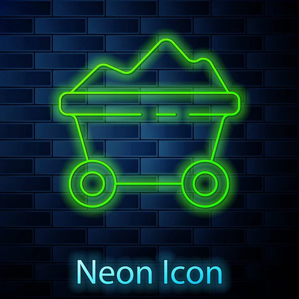 Glowing Neon Line Coal Mine Trolley Icon Isolated Brick Wall — Stock Vector