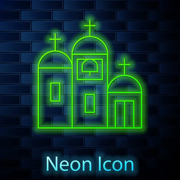 Icono Edificio Iglesia Línea Neón Brillante Aislado Fondo Pared Ladrillo — Vector de stock