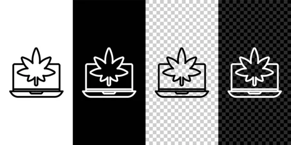 Ställ Linje Laptop Och Medicinsk Marijuana Eller Cannabis Blad Ikon — Stock vektor