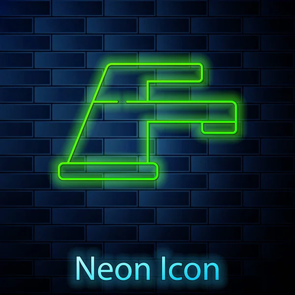 Leuchtende Neon Linie Wasserhahn Symbol Isoliert Auf Backsteinwand Hintergrund Vektorillustration — Stockvektor
