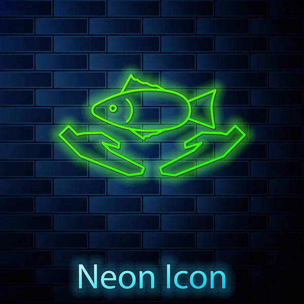 Glowing Neon Line Fish Care Icon Isolated Brick Wall Background — Stock Vector
