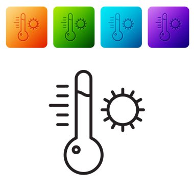 Siyah çizgi Meteoroloji termometresi beyaz arka planda izole edilmiş ikonu ölçüyor. Termometre termometresi sıcak ya da soğuk hava gösteriyor. Renkli kare düğmelerle simgeleri ayarla. Vektör İllüstrasyonu.