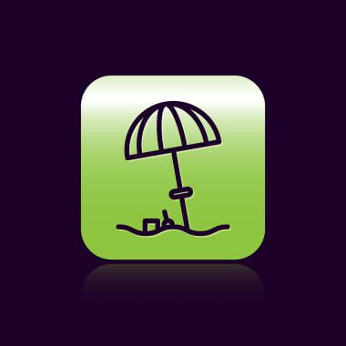 Siyah arka planda izole edilmiş plaj ikonu için siyah çizgi güneş koruyucu şemsiye. Açık alan için büyük bir şemsiye. Plaj şemsiyesi Yeşil kare düğmesi. Vektör İllüstrasyonu.