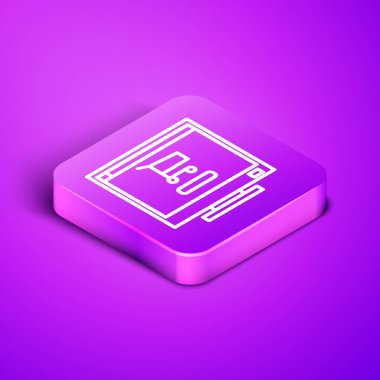 Mor arkaplanda izole edilmiş ekran bilgisayar simgesi üzerindeki Isometric hat alışveriş arabası. Konsept e-ticaret, e-ticaret, online iş pazarlama. Mor kare düğme. Vektör İllüstrasyonu.