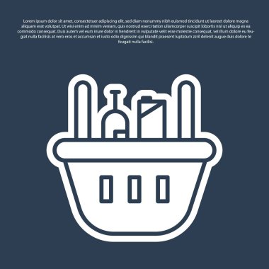 Mavi çizgi alışveriş sepeti ve yiyecek ikonu mavi arka planda izole edilmiş. Yiyecek dükkanı, süpermarket. Vektör İllüstrasyonu.