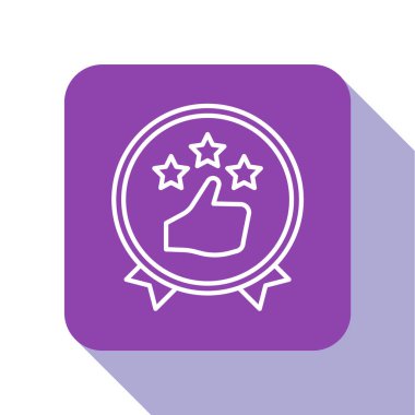 Beyaz çizgi tüketicisi veya müşteri ürün değerlendirme simgesi beyaz arkaplanda izole edildi. Mor kare düğme. Vektör İllüstrasyonu.