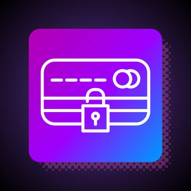 Siyah arka planda kilit simgesi olan beyaz çizgi kredi kartı. Kilitli banka kartı. Güvenlik, güvenlik, koruma. Güvenli ödeme kavramı. Kare renk düğmesi. Vektör İllüstrasyonu.