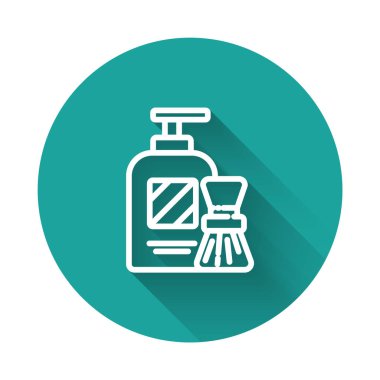 Beyaz çizgi tıraş köpüğü ve fırça ikonu uzun gölgeli. Tıraş köpüğü. Yeşil daire düğmesi. Vektör İllüstrasyonu.