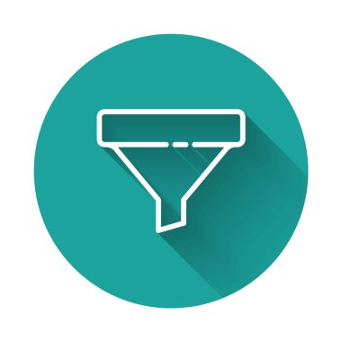 Pazarlama için oklarla dolu beyaz çizgi satış hunisi ve uzun gölgeli izole edilmiş yeni iş simgesi. Bilgi şablonu. Yeşil daire düğmesi. Vektör İllüstrasyonu.