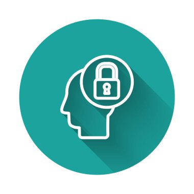 Kilit simgesi uzun gölgeli beyaz çizgi insan kafası. Yeşil daire düğmesi. Vektör İllüstrasyonu.